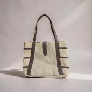 Mona B Upcycled Canvas Tote Bag with Vertical Zippers and Leather Straps